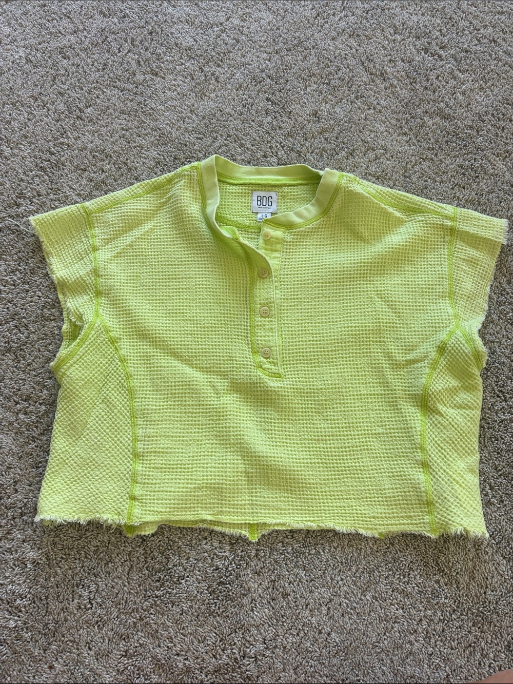BDG Neon Yellow Waffle-Knit Henley Crop Tee